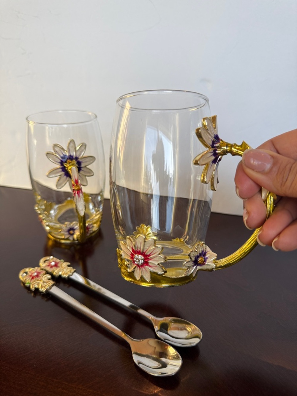 Set of 2 Enamel Floral Glass Tea Cups with Gold Flower Handles & Spoons